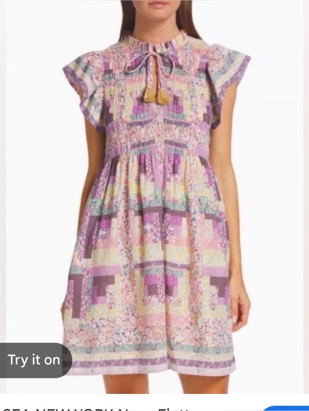 Sea New York - Purple Floral Patchwork Dress - flutter sleeve - M